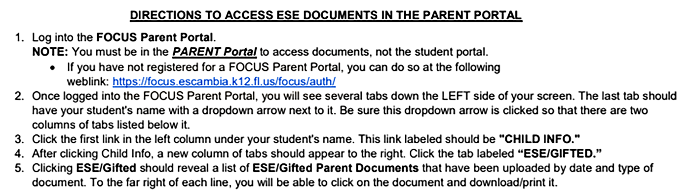 Directions to Access ESE Documents in the Parent Portal